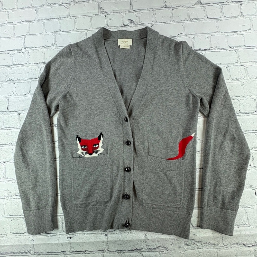 Kate Spade Cardigan Womens XS Gray Fox Motif V-Neck Button Front Sweater